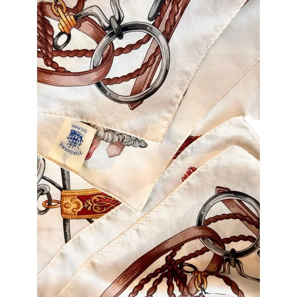 Vintage Yokohama Silk Scarf Equestrian Horse Carriage Motif 1980s Japan 35x35
